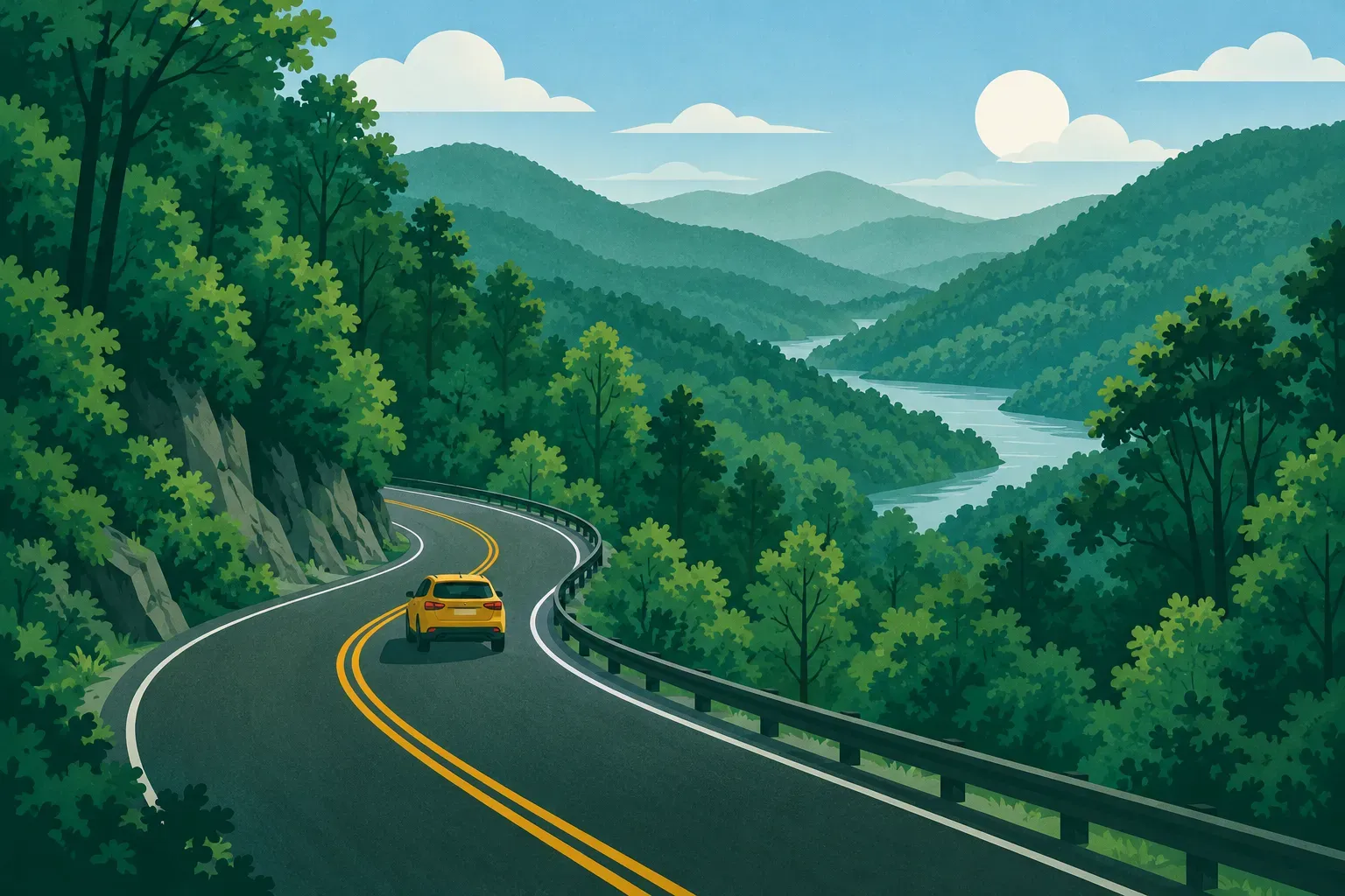 A winding road through forested Appalachian mountains, a typical landscape of West Virginia