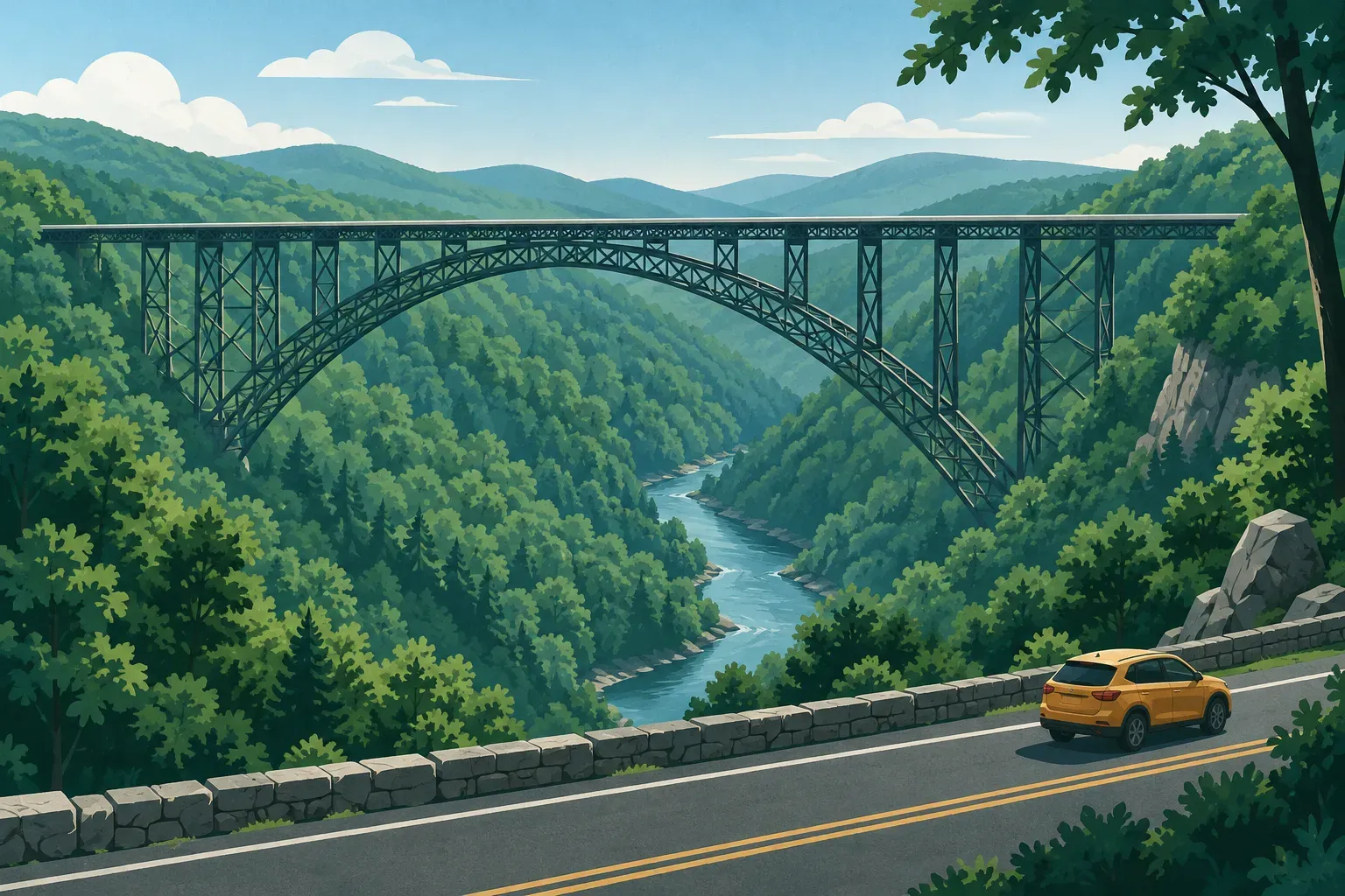 The arched steel New River Gorge Bridge over a forested gorge, in West Virginia