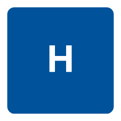 A blue square with a white letter H